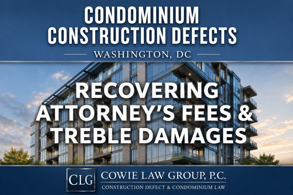 Image for article entitled Recovering attorney's fees and treble damages under the DC Consumer Protection Procedures Act, by COWIE LAW GROUP, Washington DC Construction Defect Attorneys and Condominium Lawyers. Treble damages and attorneys fees in DC condominium construction defect cases under the consumer protection procedures act, by Maryland and Washington DC Construction Lawyer, Nicholas D Cowie of COWIE LAW GROUP